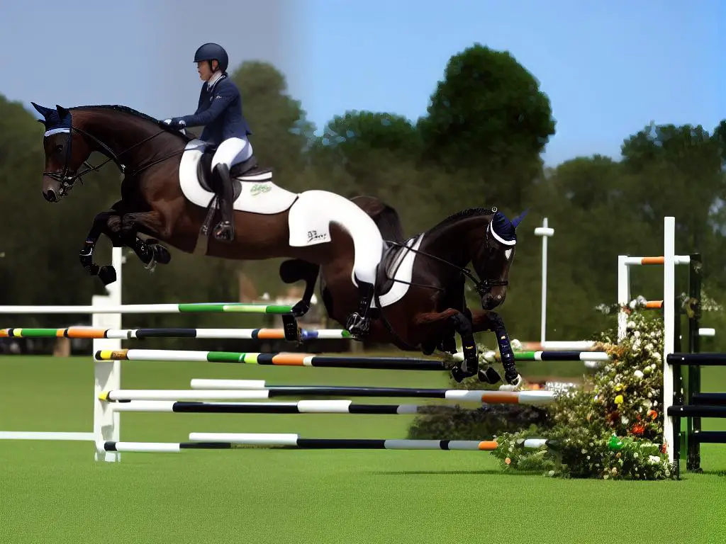 A beautiful Selle Français horse clearing a jump in a show jumping competition