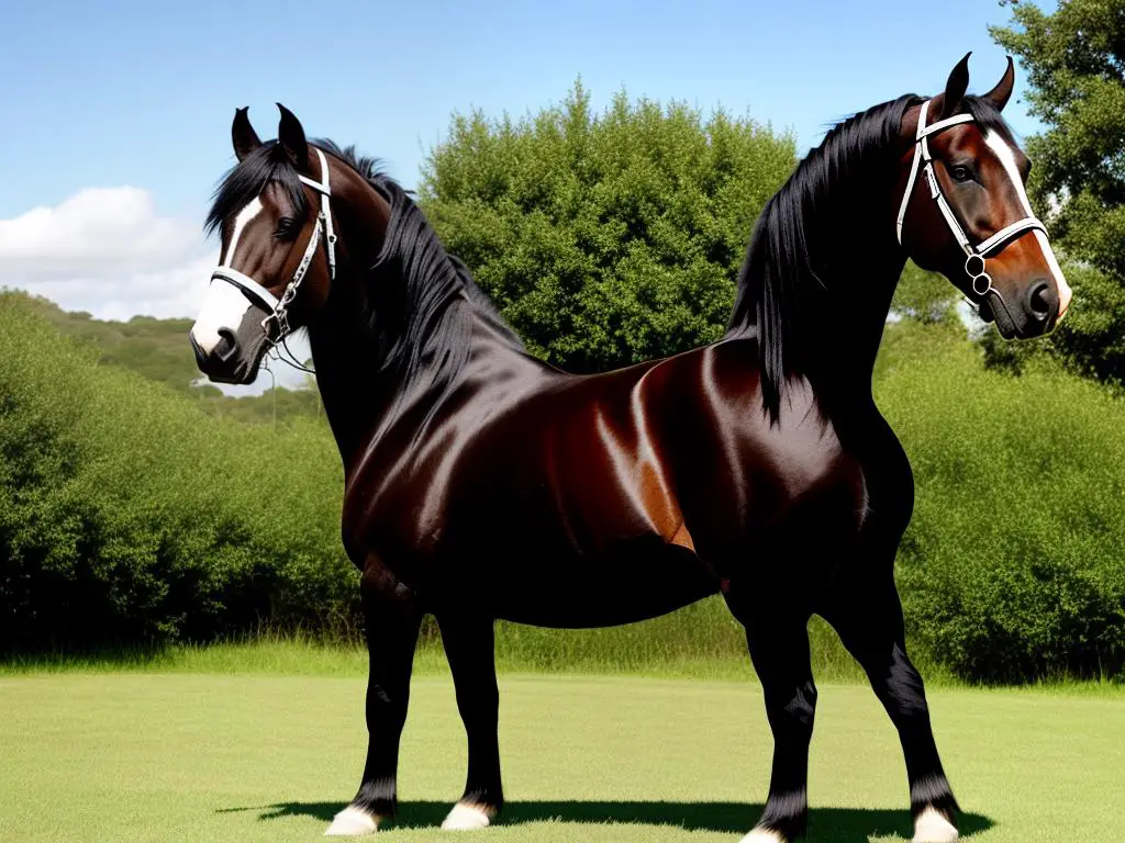 A majestic Shire horse standing tall and strong with a beautiful mane and muscular physique.