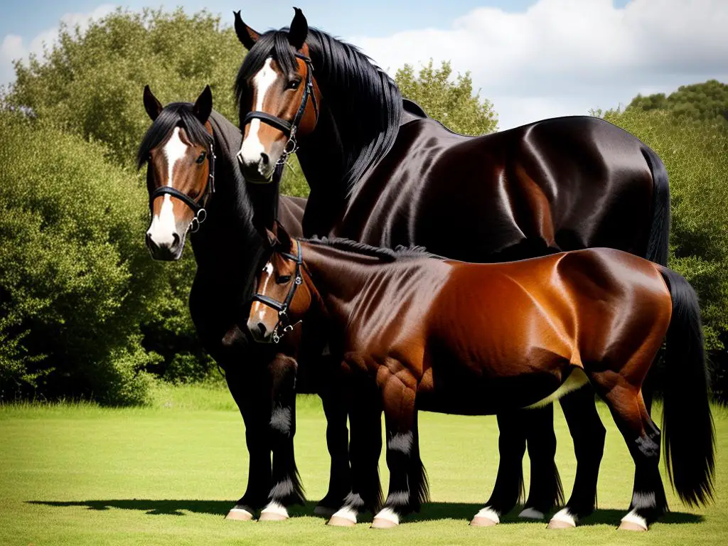 A majestic Shire horse standing tall and proud, demonstrating their impressive size and strength.