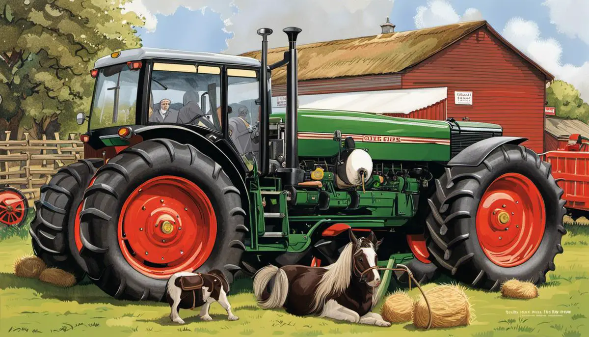 Illustration depicting the size differences between Shire horses and tractors showcasing their respective capacities and uses.