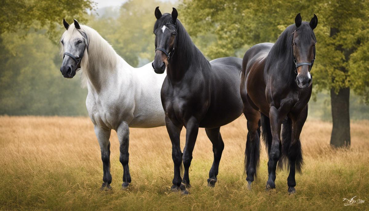 An image featuring two South German horse breeds, the Black Forest Horse and the South German Coldblood. They are standing in a field, showcasing their majestic structure and distinct physical attributes.