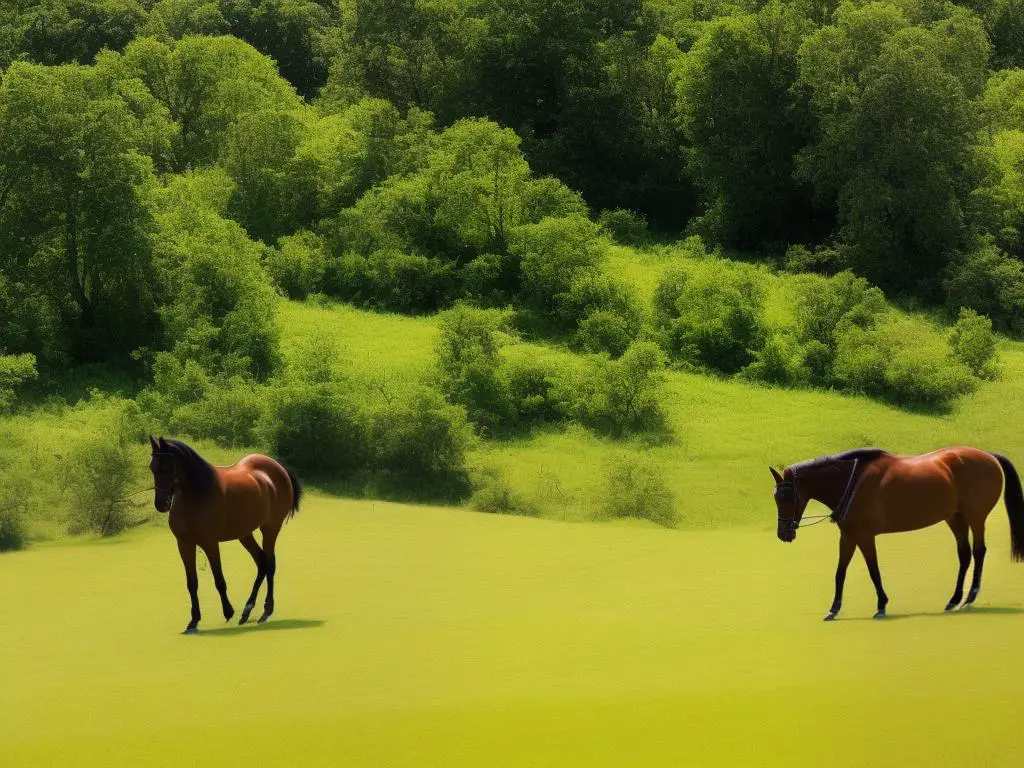 A beautiful brown Trakehner horse standing in a lush green field with a saddle on its back