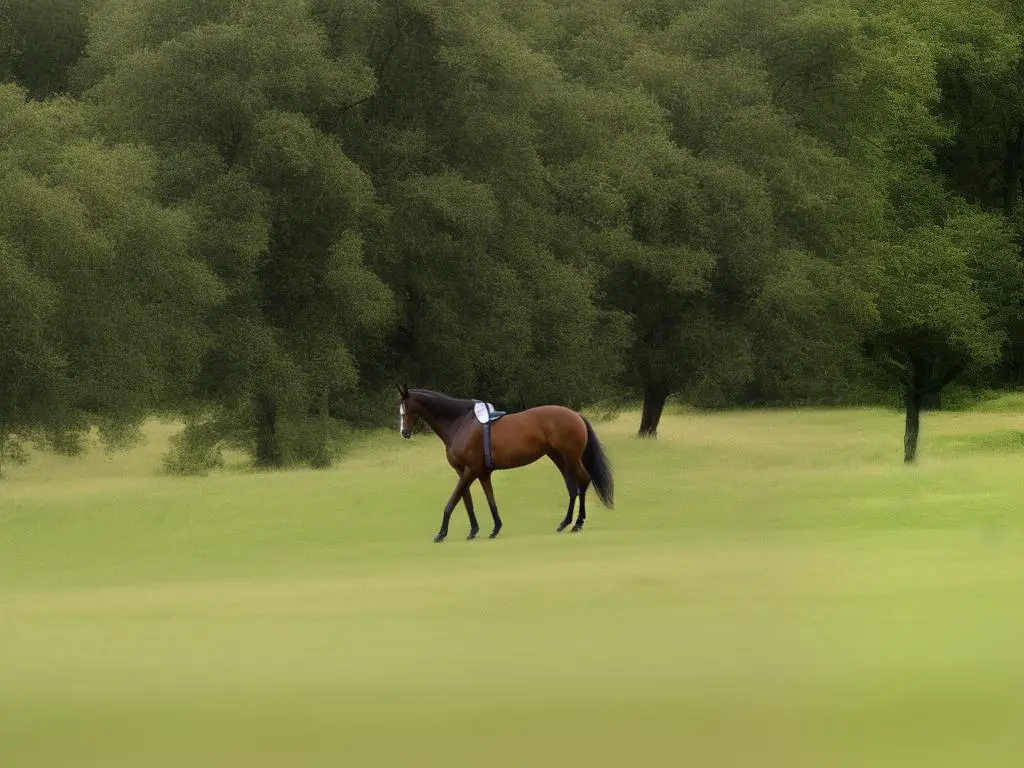 A brown Trakehner horse with a long, wavy mane and long tail standing in a field with trees in the background