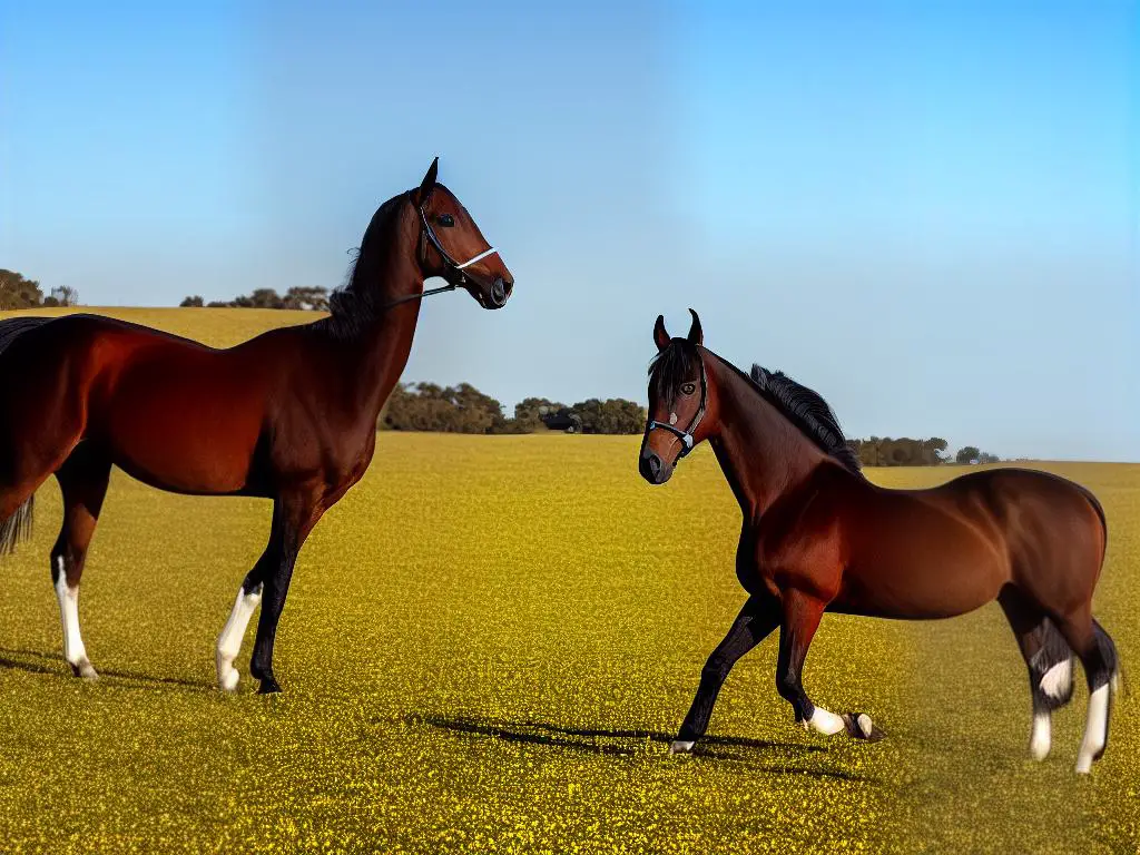 A warmblood horse standing in a field with its head turned to the side