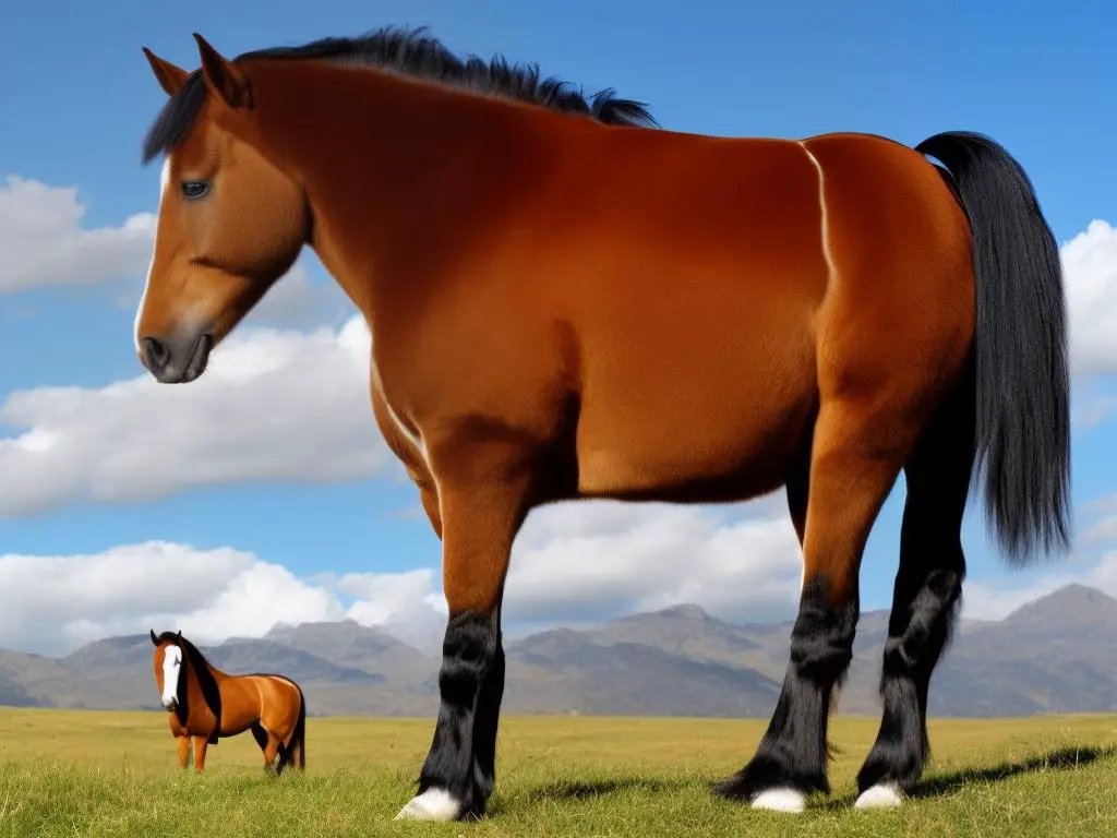 A noble-looking horse with a brown coat and white markings standing in a field with a blue sky and mountains in the distance.