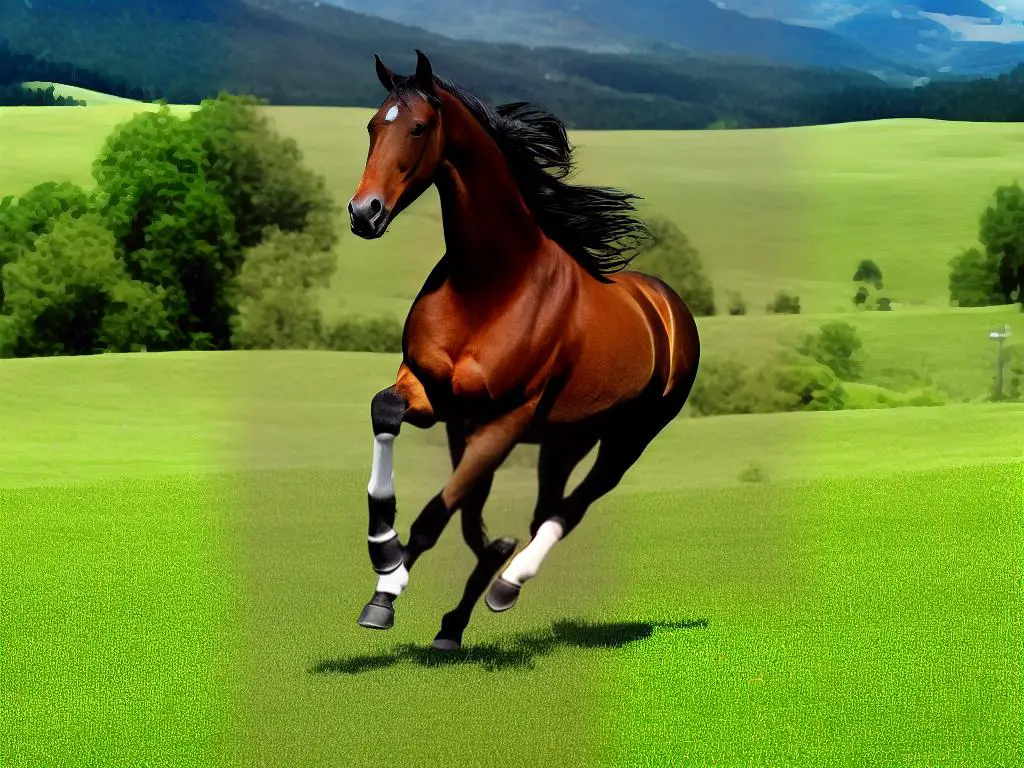 A majestic Westfalen horse galloping with a lush green background behind it.