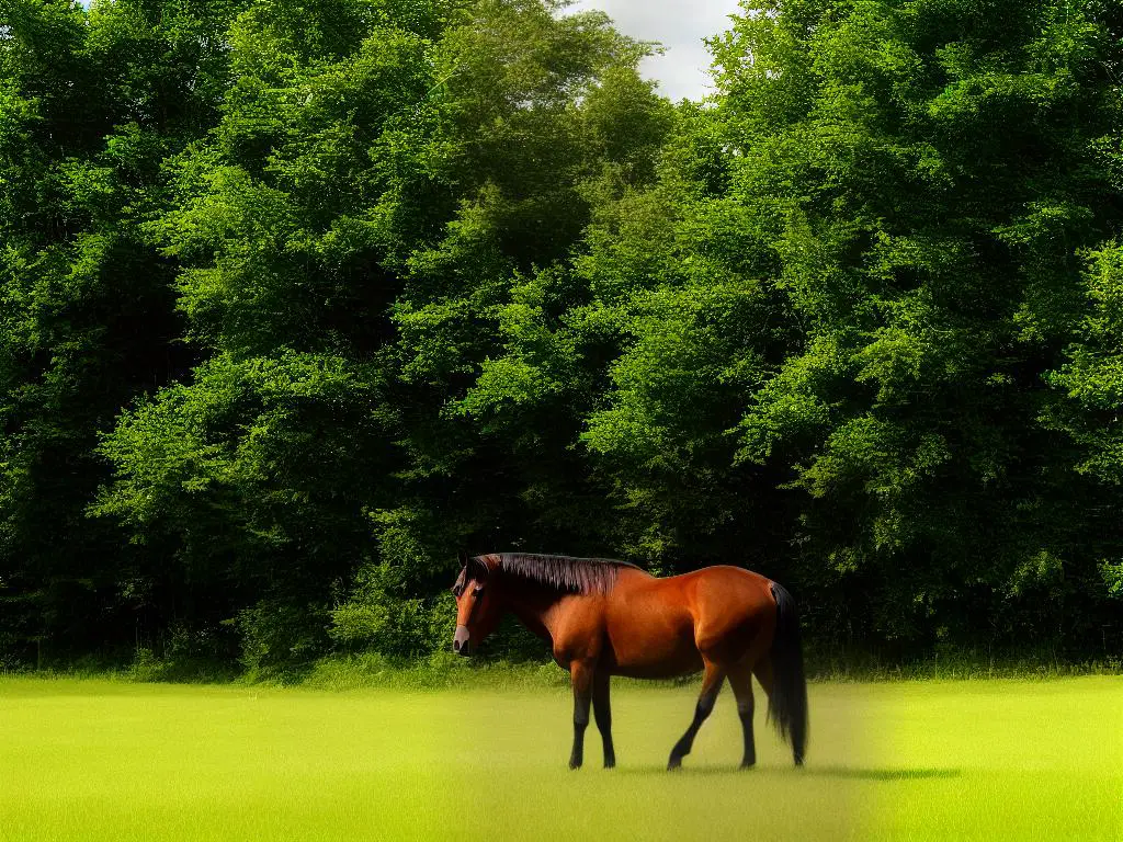 A brown Westfalen horse standing in a field with trees in the background.