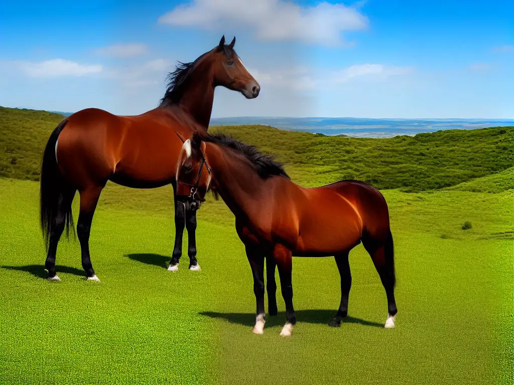A beautiful brown horse with flowing mane and tail standing on a green hill.