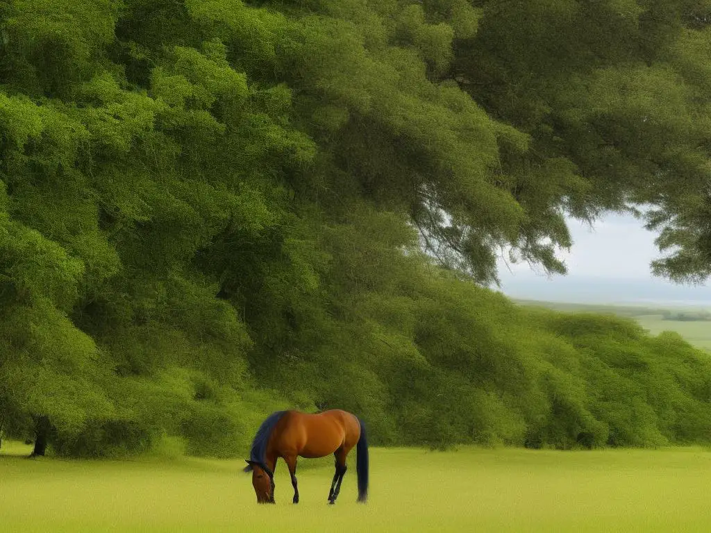 An image of a beautiful horse with a shiny coat and long mane standing on a green field.