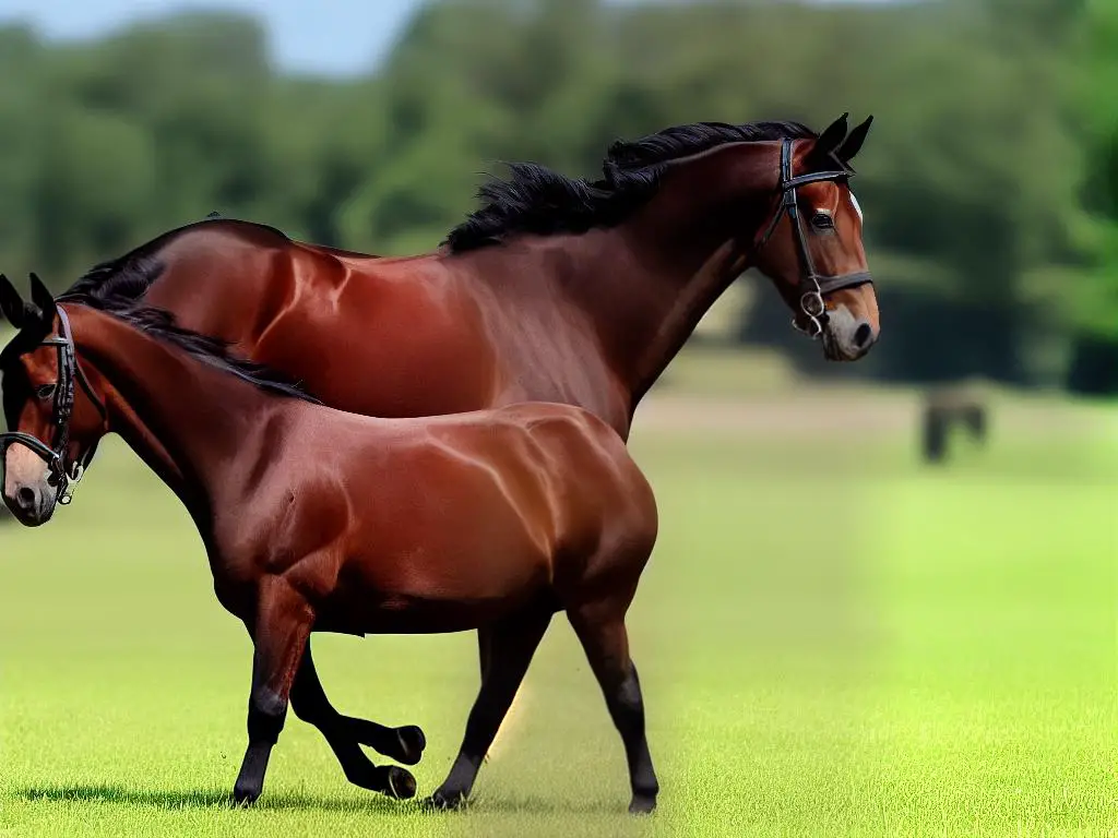 A brown horse with a muscular, arched neck and a deep chest trotting in a field.