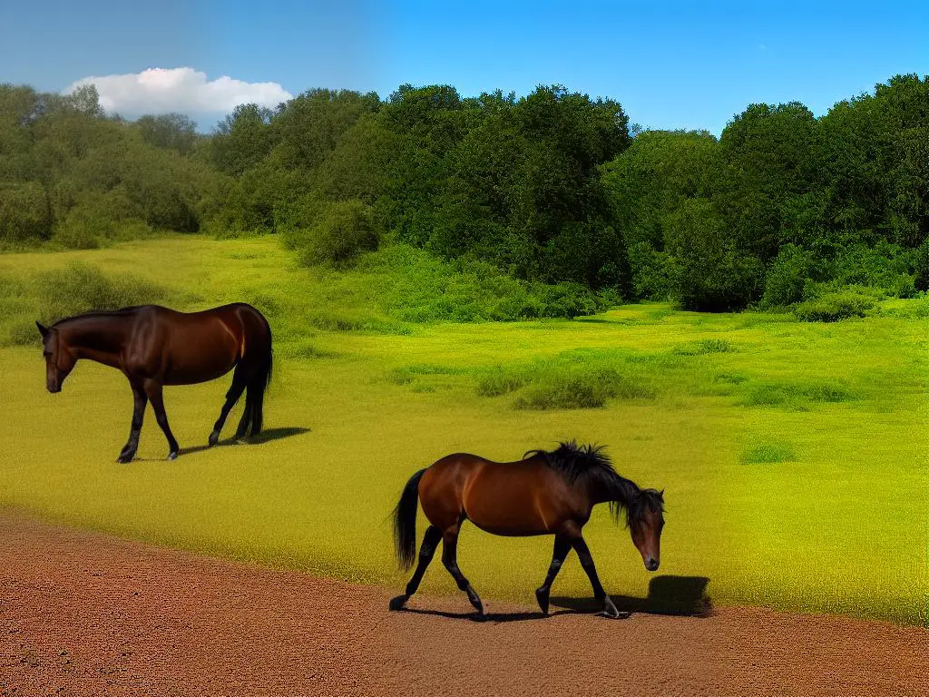 A picture of a brown horse with long and fluffy hair walking on a green field with some trees in the background.