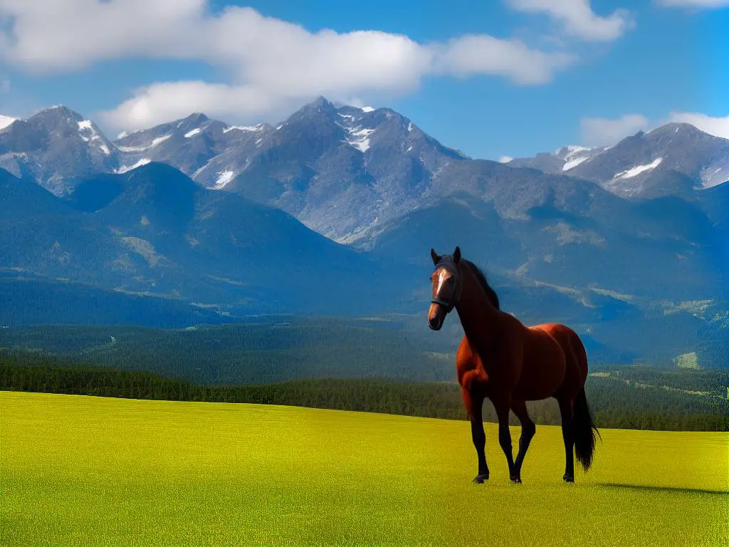 An American Saddlebred horse in a pasture with mountains in the background