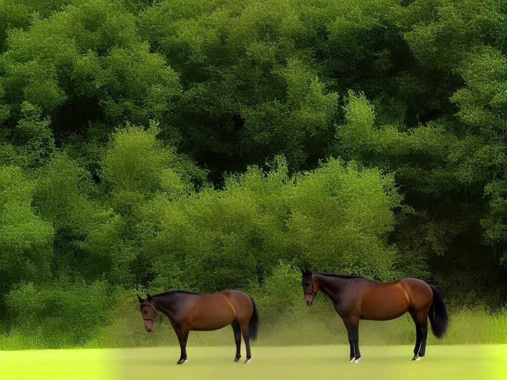 A picture of a horse with brown fur and a long mane, standing in a field with trees in the background. The horse has an elegant posture and looks calm and gentle.