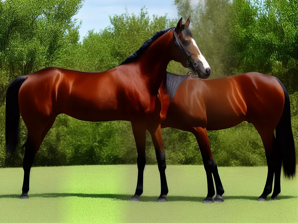 A beautiful brown American Saddlebred horse with a shiny coat and long, flowing mane and tail.
