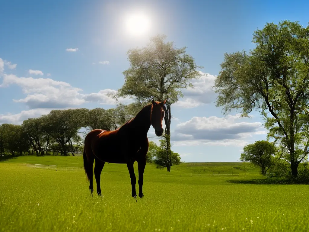 A beautiful American Saddlebred horse standing tall with its head held high on a sunny day in a green field.