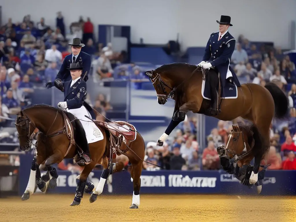 An American Saddlebred horse is performing in a horse show under the spotlight.