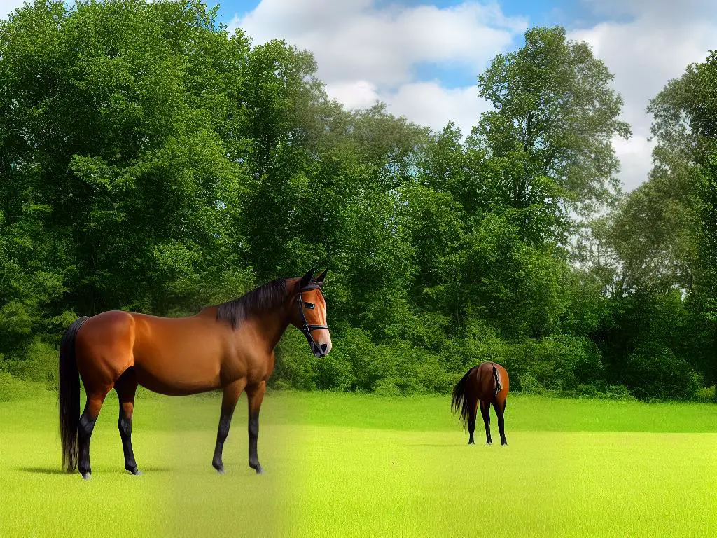 A horse with a brown coat and a blonde mane standing on a field with trees in the background. The horse has a proud and alert stance with its head held high and an arched neck.