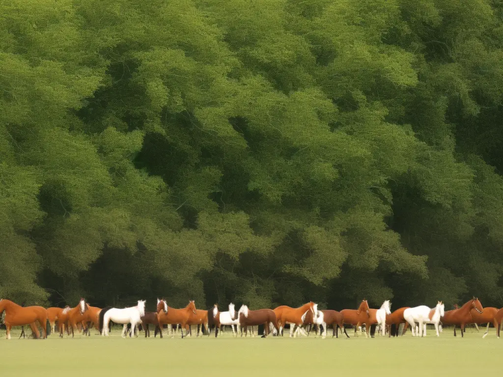 A picture of a group of American Saddlebred horses standing on a field.
