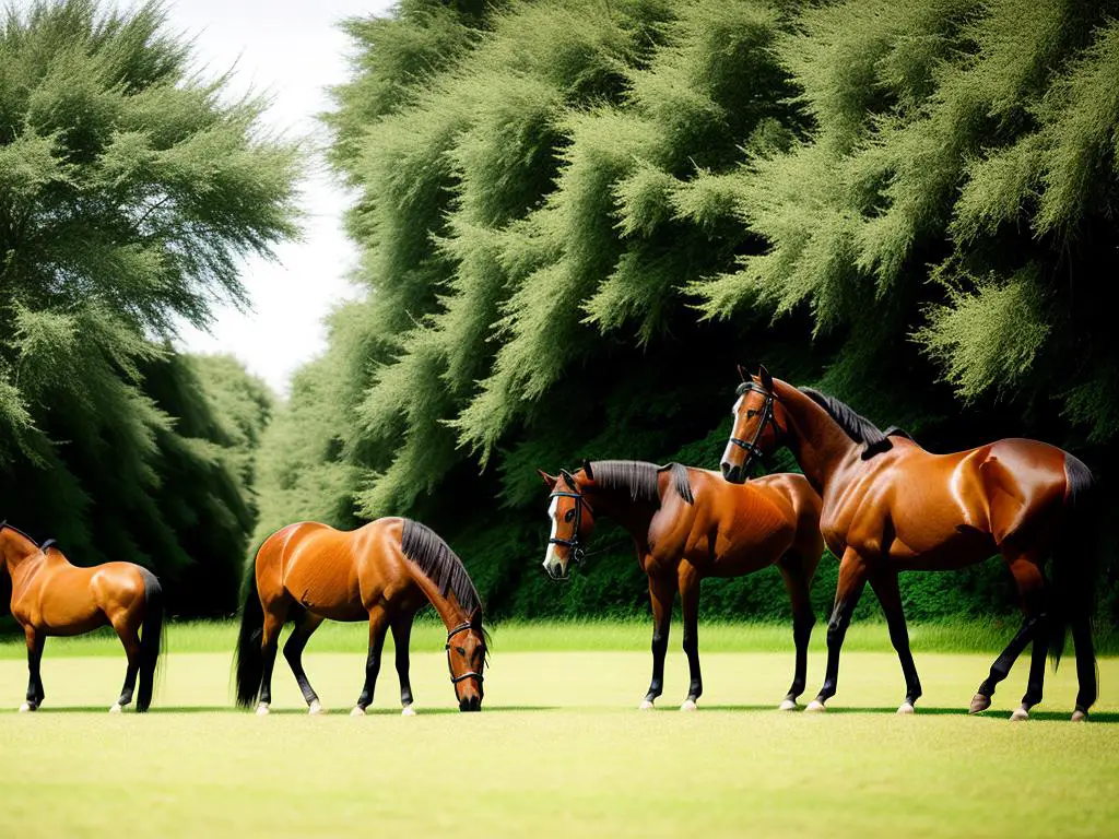 Anglo-Arabian horses grazing in a green field