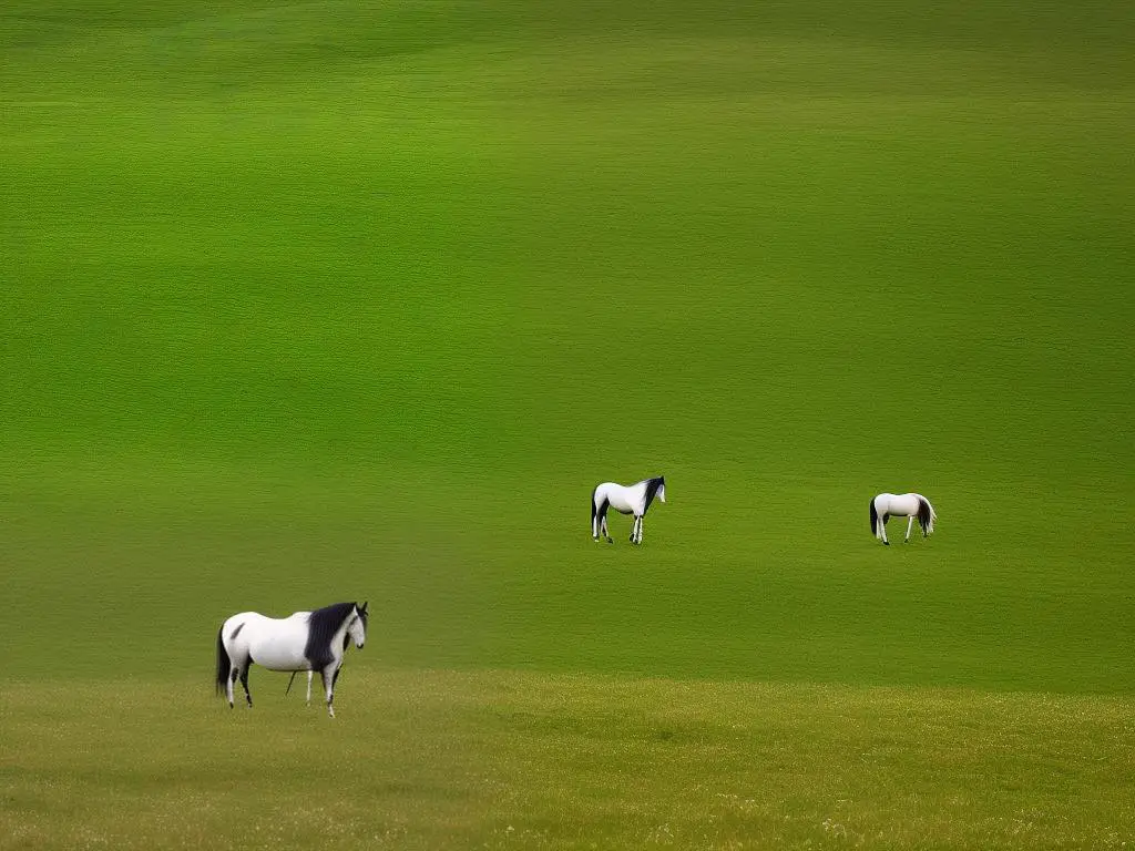 A beautiful Auvergne horse standing in a field with green grass and a blue sky background