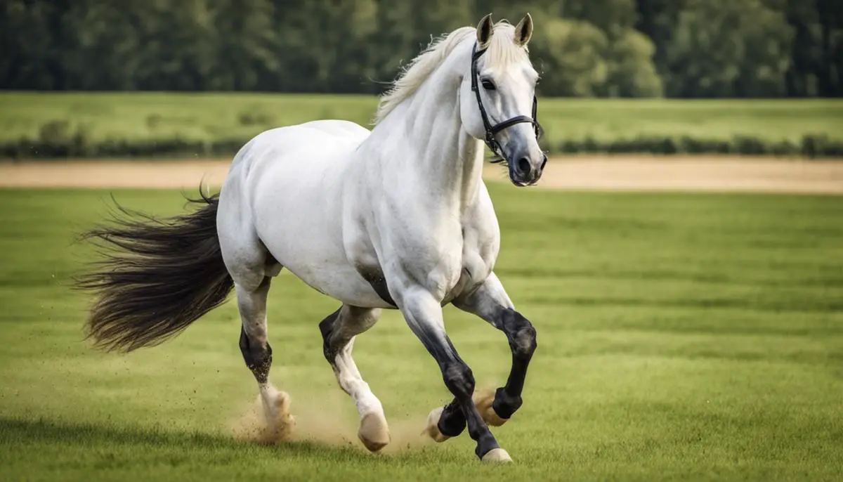 A majestic Bavarian Warmblood horse running in a field
