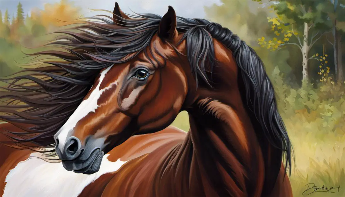 A beautiful Black Forest Horse with a rich dark chestnut color, a long curly mane and tail, and an expressive face.