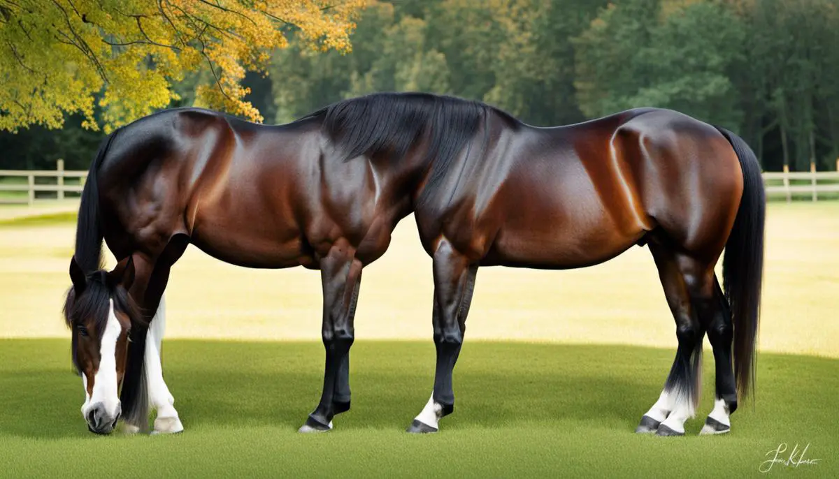 A majestic Black Forest Horse standing in a field, showcasing its distinctive chestnut color and strength.