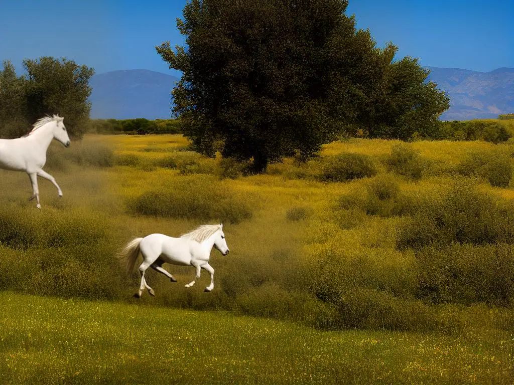 A beautiful image of a Camargue horse running freely in a picturesque landscape