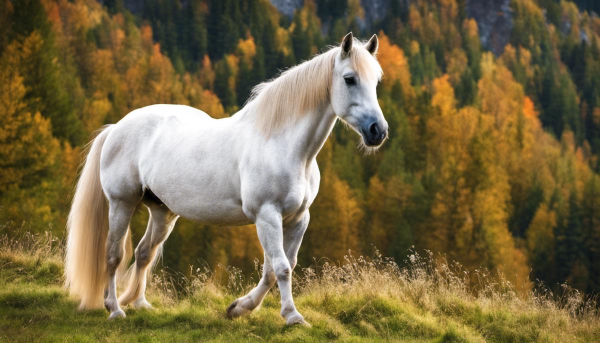 A beautiful Carpathian pony standing in a mountainous landscape.