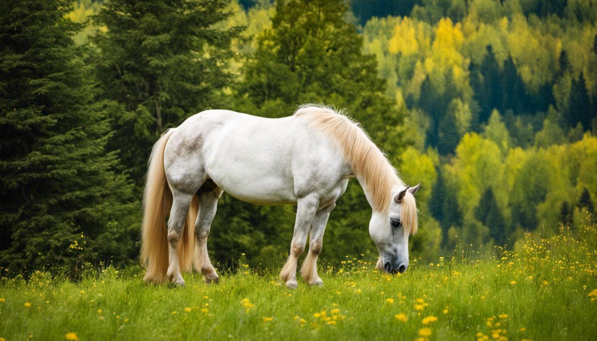 A beautiful Carpathian Pony grazing in a picturesque meadow