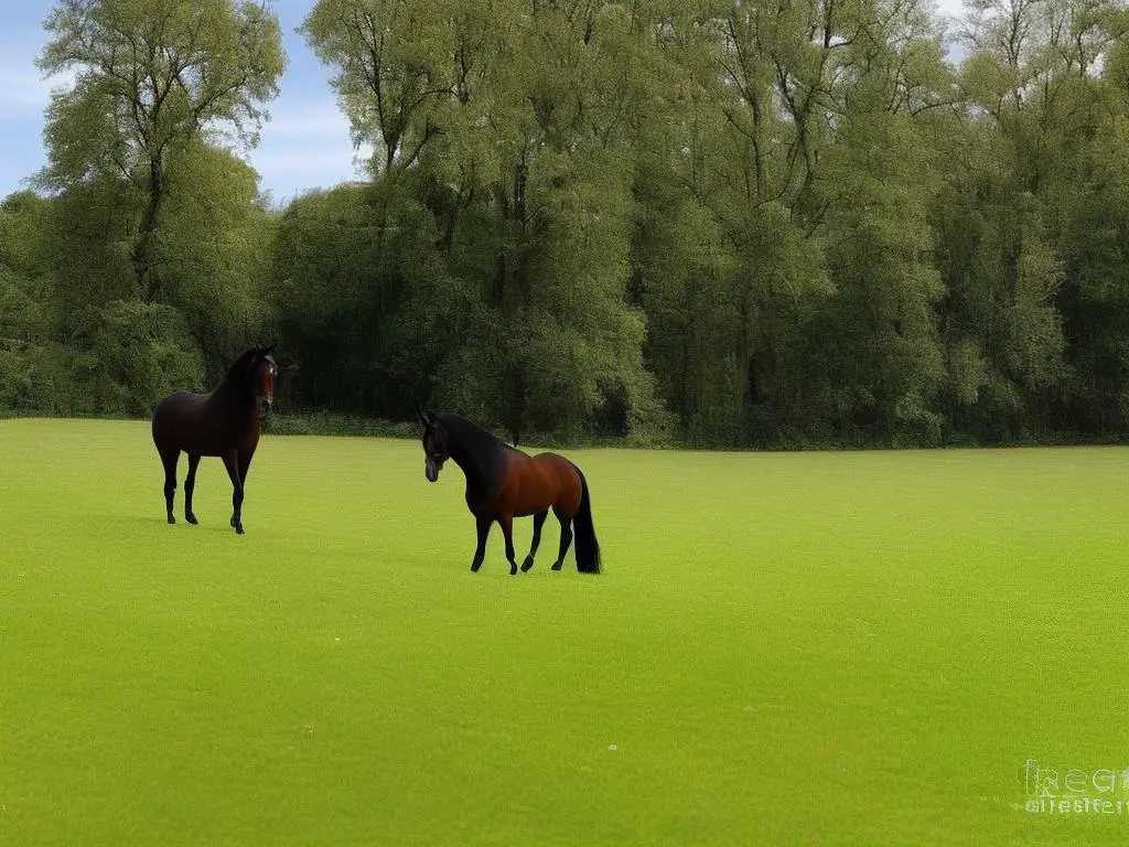 A photo of a beautiful Hanoverian horse standing in a green field at the Celle State Stud breeding facility.