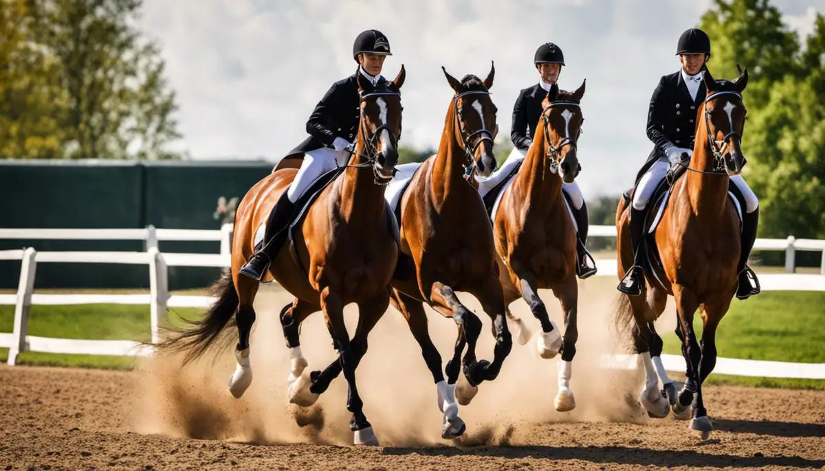 A group of Hanoverian and Holsteiner horses showcasing their elegance and athleticism in a dressage competition.