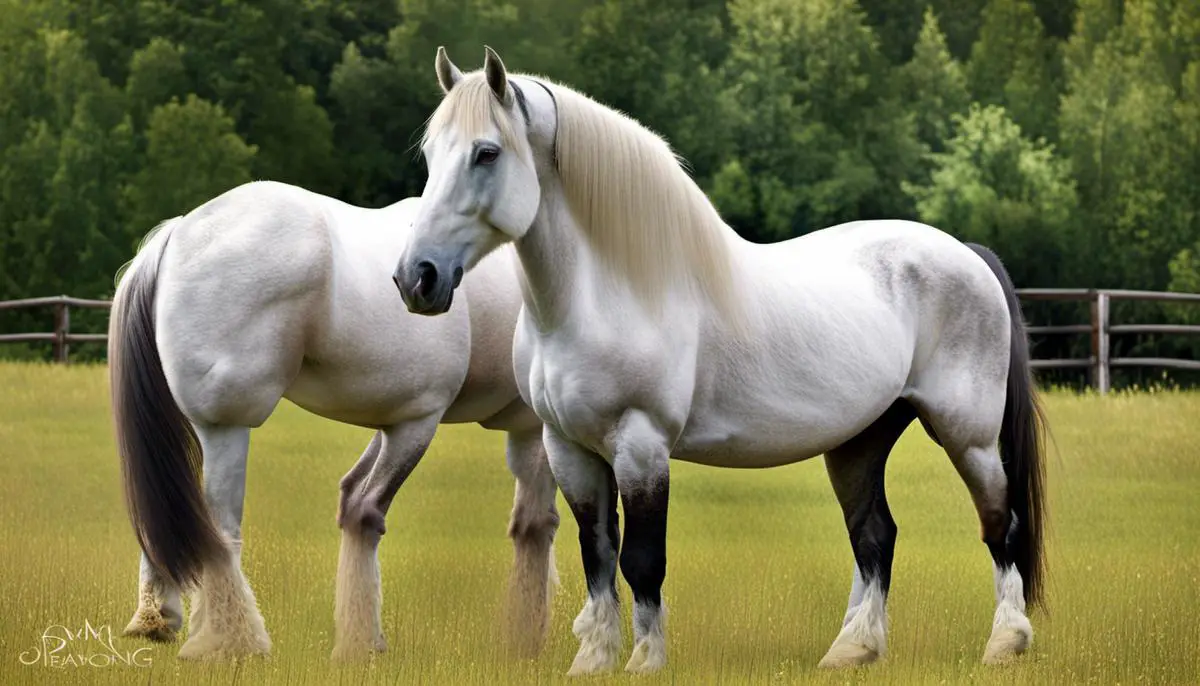 An image of a draft horse standing in a field, showcasing its large size and strength