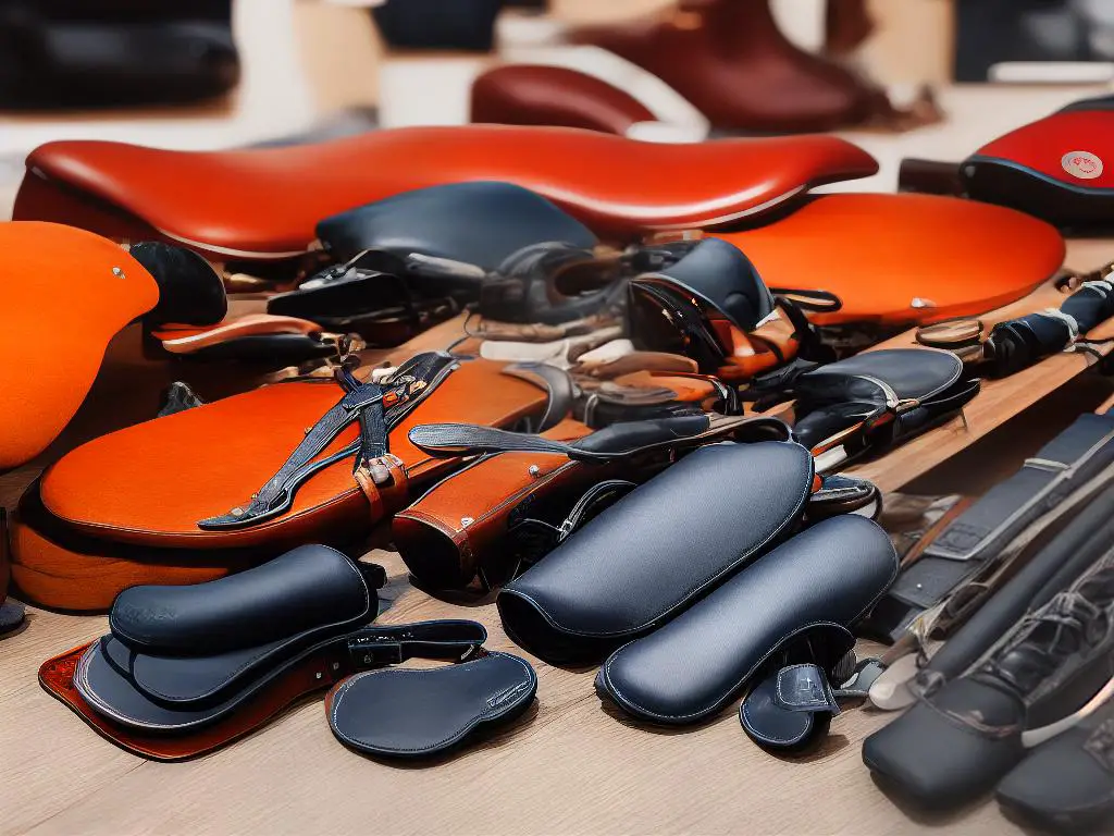 A close up photograph of saddles, bridles, and other dressage equipment laid on a table.