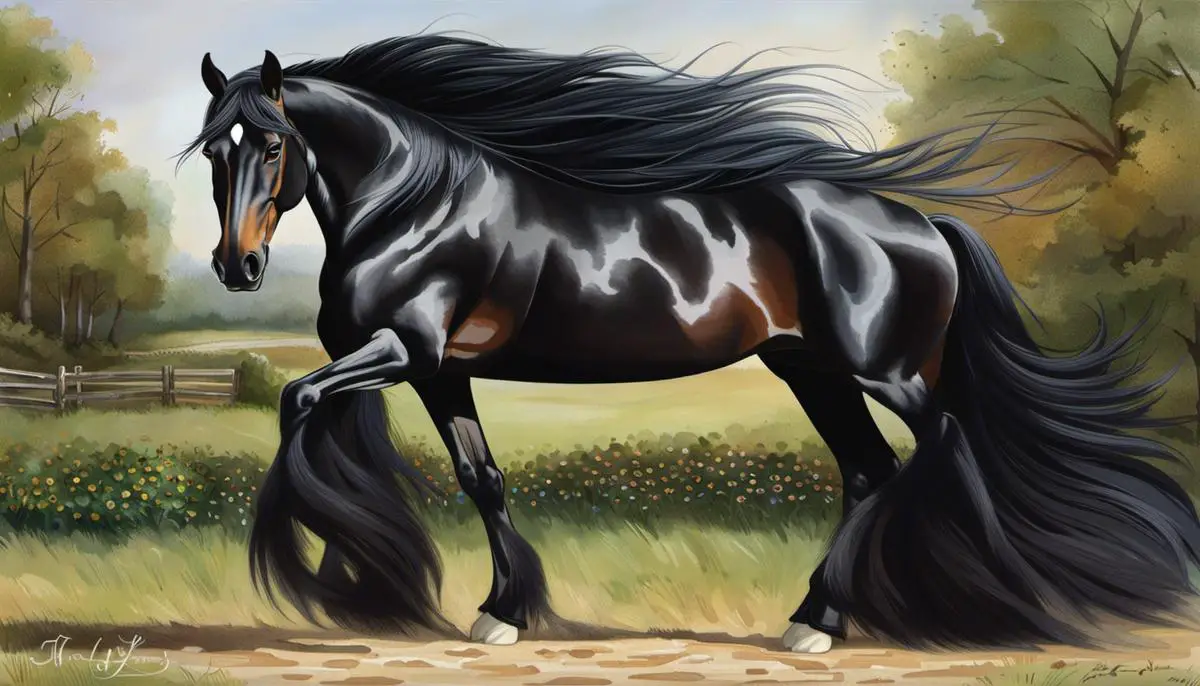 A majestic black East Friesian horse with a long, flowing mane and tail, standing tall with its expressive eyes.