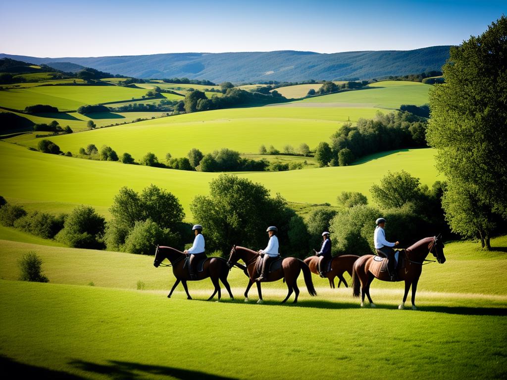 A picturesque image of horse riders enjoying a beautiful country landscape in France
