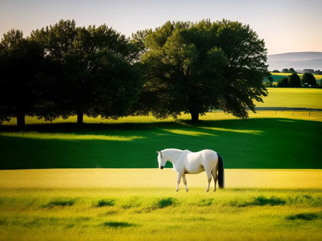 A majestic French Draft Horse standing in a field with a beautiful countryside background