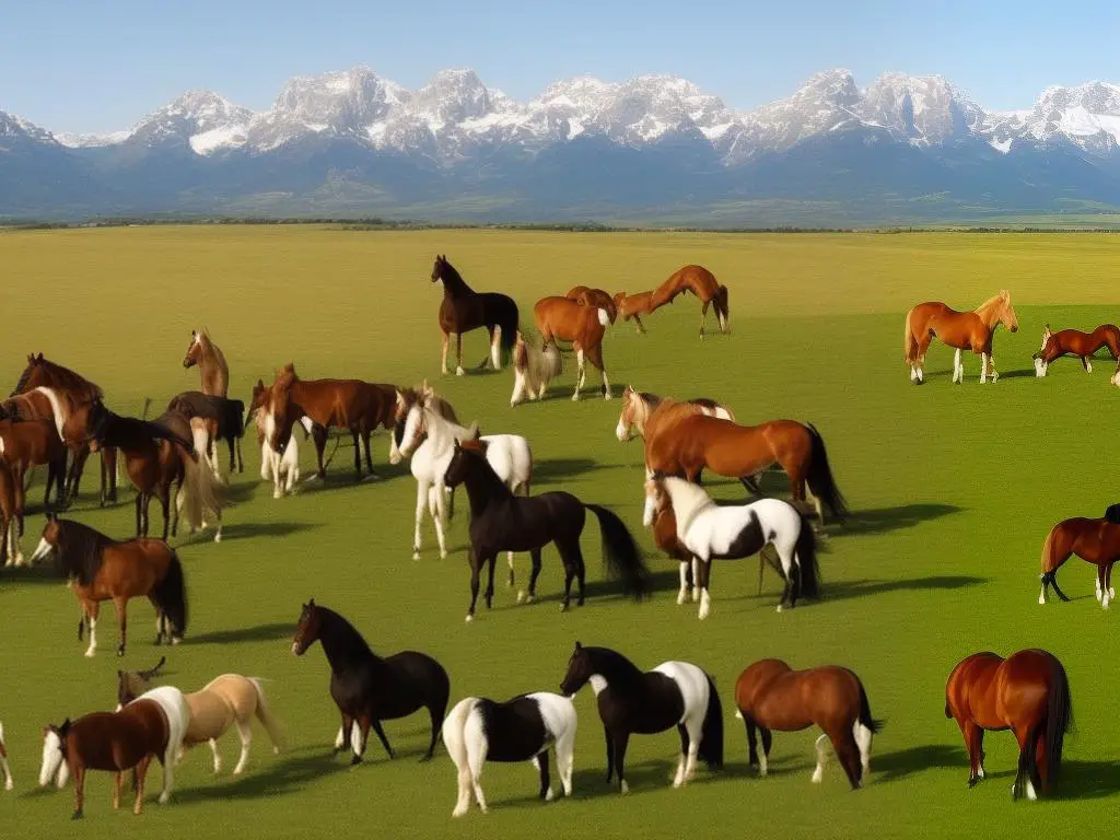 Various French horse breeds standing together in a field, with a castle and mountains in the background