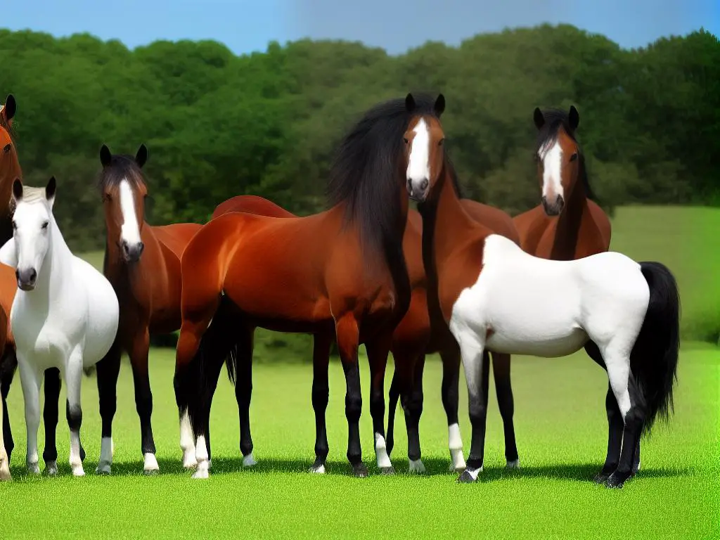 A group of French horse breeds in a pasture, showcasing the diversity of the breeds.