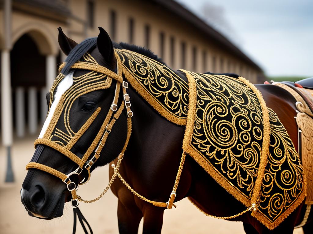 A detailed image of French horse equipment showcasing the intricate designs and craftsmanship.