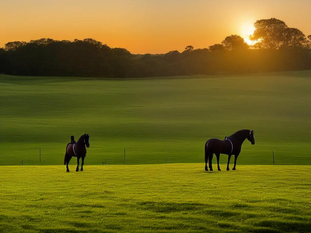 A majestic French Saddle Horse standing tall on a green field with the sun setting in the background