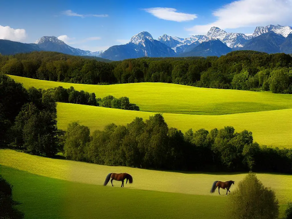 A majestic French Saddle Horse in a field surrounded by trees and mountains.
