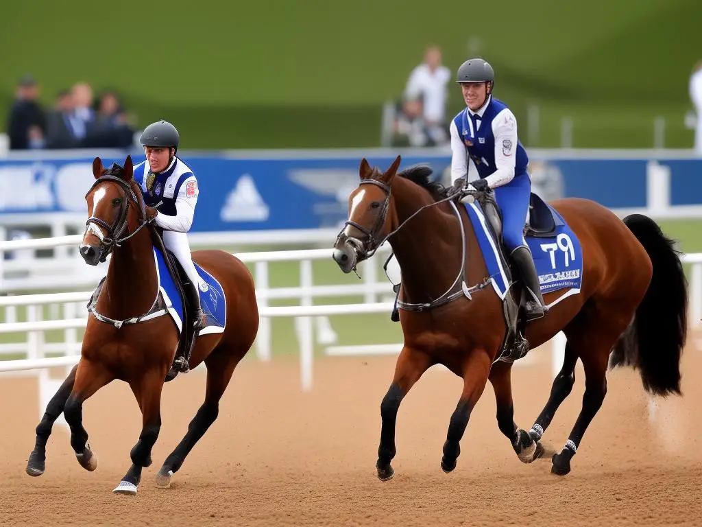 A beautiful French Trotter horse with a brown coat and muscular build running on a racetrack.