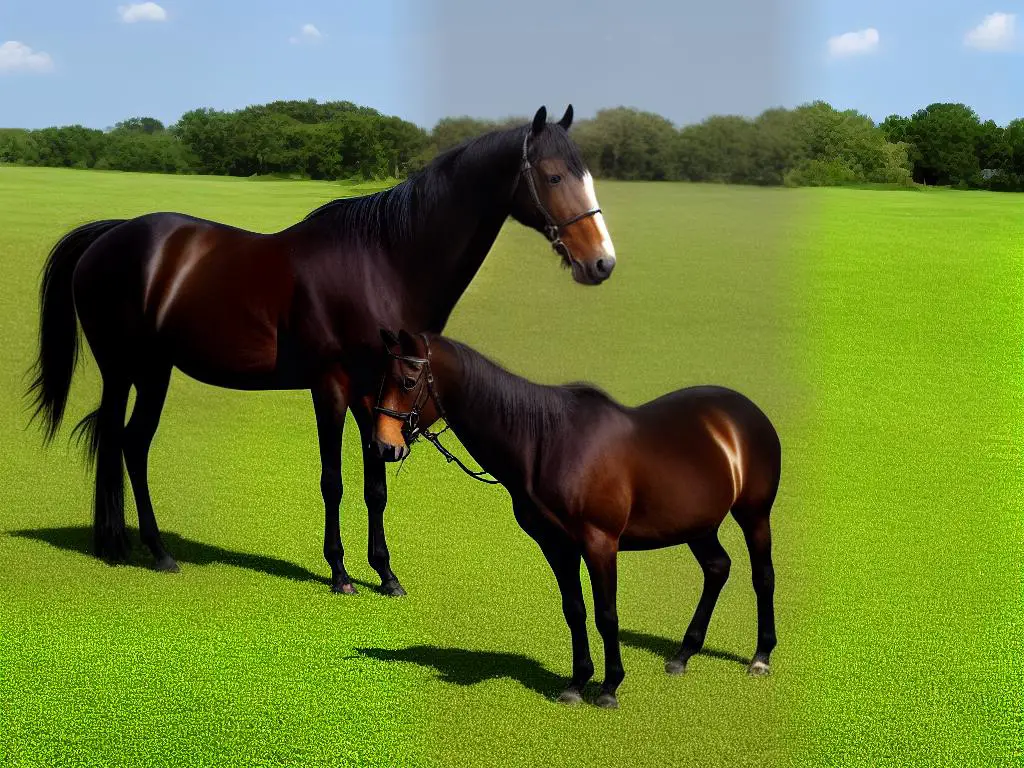 A beautiful French Trotter horse standing in a green pasture.