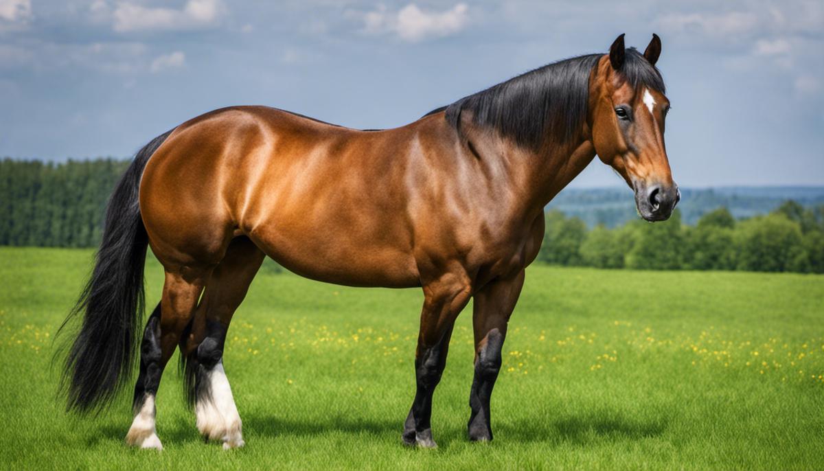 A majestic German Coldblood horse standing proudly in a green pasture.