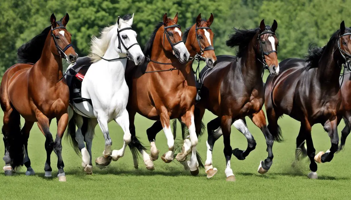 A group of German horse breeds, the Hanoverian, Trakehner, and Oldenburg, showcasing their elegance, power, and athleticism.
