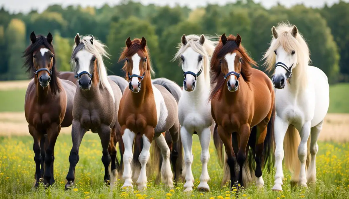 A group of German Riding Ponies standing in a field, showcasing their elegant conformation and various coat colors.