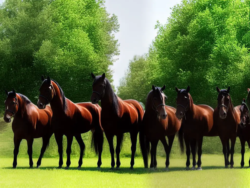 A group of German Riding Ponies standing in a pasture, with trees and a blue sky in the background.