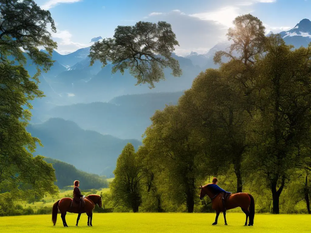 A beautiful chestnut German Riding Pony standing in a field with trees and mountains in the background
