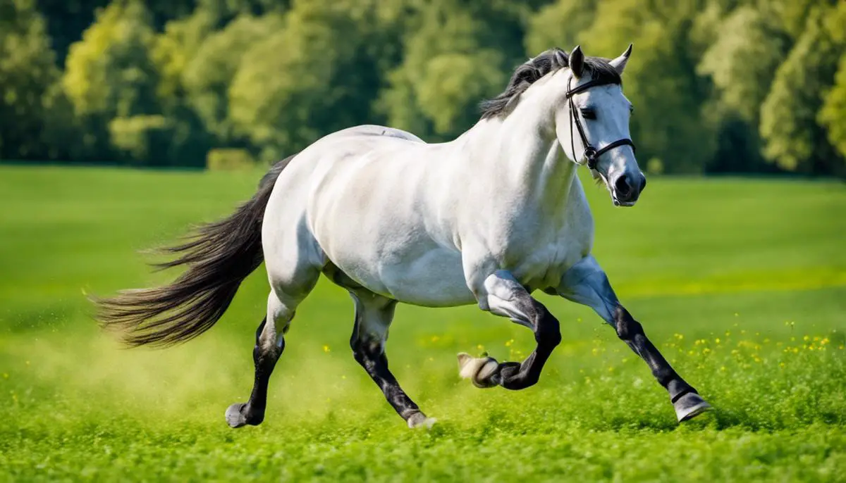 A German Riding Pony galloping in a green field